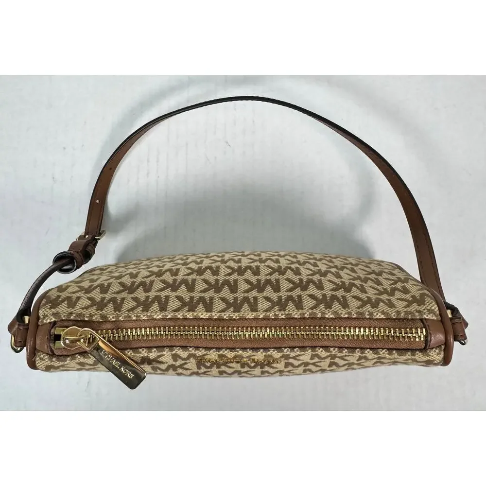 Michael Kors MK Logo Jacquard Shoulder Bag Brown Beige Gold Tone Hardware